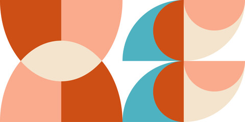 Geometric abstract vector seamless pattern with circles, rectangles and squares in retro Bauhaus style. Pastel colored simple shapes graphic background.