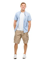 Fototapeta premium A handsome young caucasian tourist smiling and posing with hands in his pocket and looking at the camera isolated on a png background.