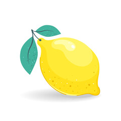 Yellow, ripe lemon with two green leaves. Cute vector illustration in cartoon style.