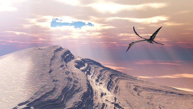 Flugsaurier Quetzalcoatlus über einer bergigen Landschaft