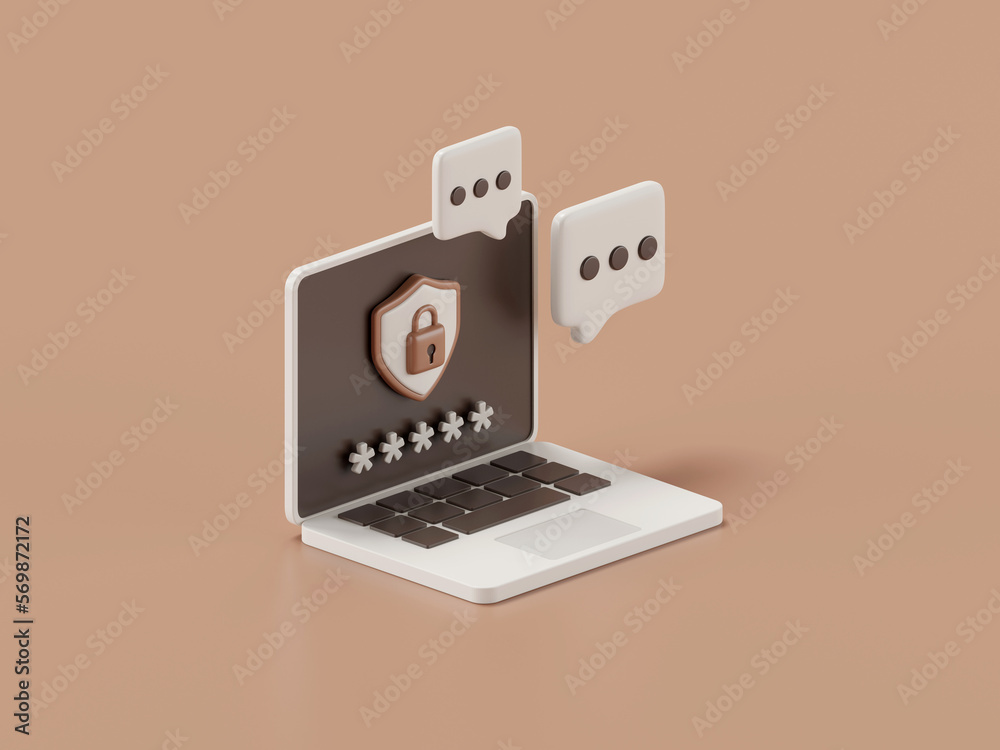 Poster 3d rendering of laptop with password security 
