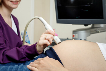 a gynecologist performs an ultrasound examination of a pregnant woman in the clinic