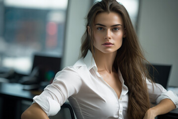young pretty sexy secretary white shirt working in modern financial office background Business concept,generative ai. - obrazy, fototapety, plakaty