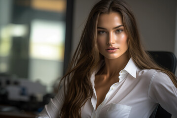 young pretty sexy secretary white shirt working in modern financial office background Business concept,generative ai. - obrazy, fototapety, plakaty