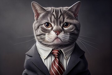 Cat in office uniform business costume on dark background. Serious cat portrait, generative ai