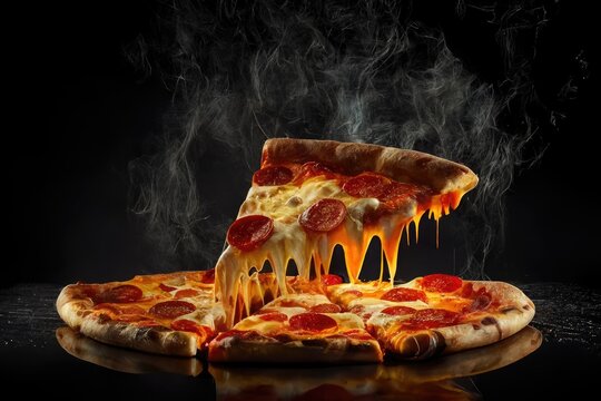 Pizza slice and hot pizza on black background, generative AI