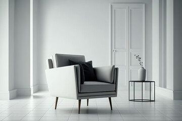 An armchair in a contemporary, minimalist setting against a background of a blank white wall