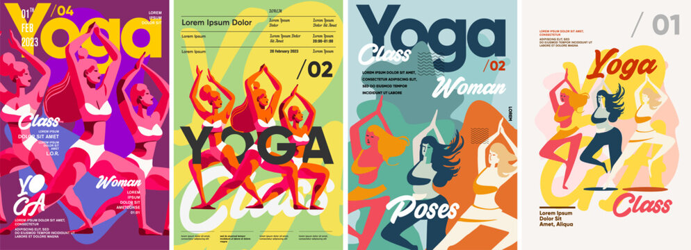 Yoga, yoga class. Set of vector illustrations. Flat design. Typography. Background for a poster, t-shirt or banner.