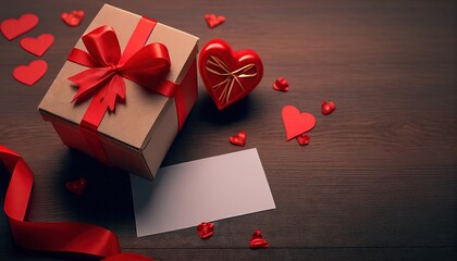Gift box tied with a red bow, envelope with empty space. Wooden background. Empty letter. Generative AI.