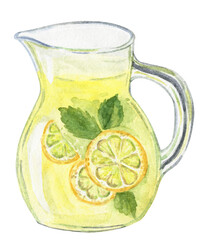 Watercolor lemonade jar isolated on white