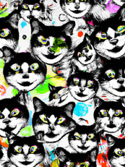 Cat faces, colours abstract background collage – Generative AI Illustration