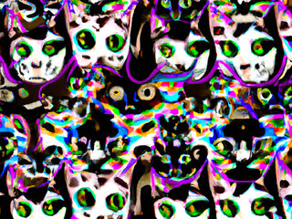 Fototapeta premium Cat faces, colours abstract background collage – Generative AI Illustration