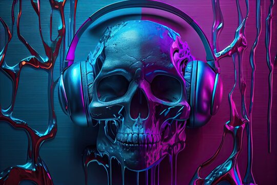 Cyber skull with headphones on blue purple background, generative AI