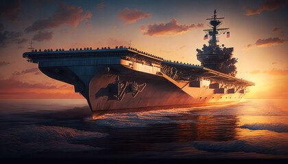 military aircraft carrier ship sailing on sea at sunset. generative ai