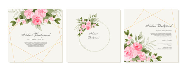 Elegant square templates for cards, social media posts with watercolor pink roses with gold lines. Vector