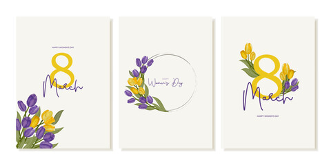 Set of greeting cards for International Women's Day, March 8 with yellow and purple watercolor tulips. Vector template