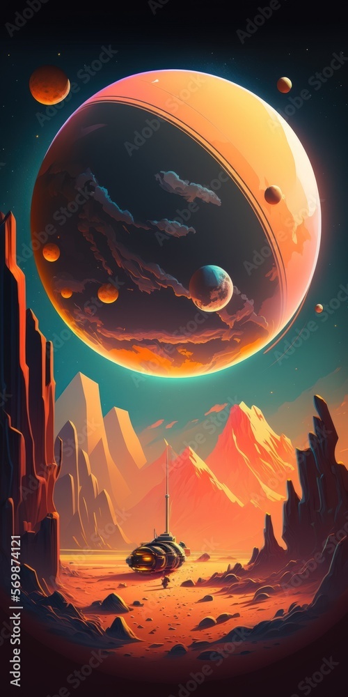 Sticker Exoplanet with satellite and futuristic setting. Moon on a planet with an atmosphere. A colorful alien world in space. Generative AI