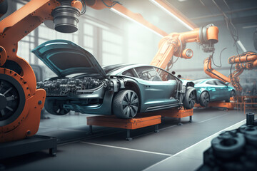 Fototapeta premium automotive factory producing cars with automated robotic arms in assembly line. generative ai