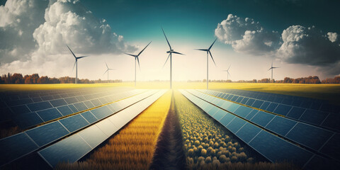 renewable energy banner background with green energy as wind turbines and solar panels - obrazy, fototapety, plakaty