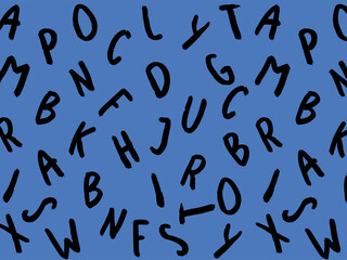 template with the image of keyboard symbols. set of letters. Surface template. Blue background. Horizontal image.