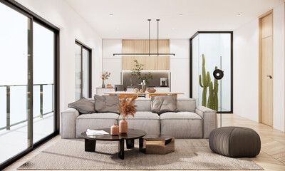 3d rendering minimal white color apartment ideas. mockup modern interior room design and decoration furniture fabric sofa. 
