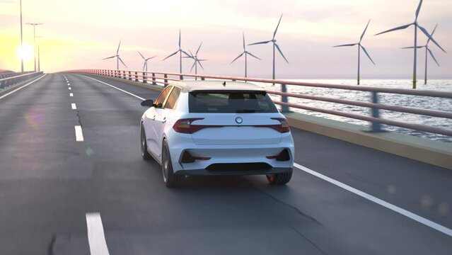 Camera follows an autonomous electric car driving along a bridge or coastal highway into the sunset with wind turbines in background. Green energy concept. Realistic high quality 3d animation.