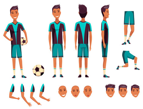 Soccer player creation set. Cartoon male football character. Man full length, front, side, back view, accessories, poses, face emotions, gestures. Isolated flat  illustration