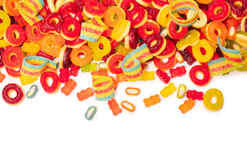 Assorted colorful gummy candies. Top view. Jelly donuts. Jelly bears. Isolated on a white background. - Powered by Adobe