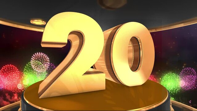 20th anniversary animation in gold with fireworks background, 
Animated 20 years anniversary Wishes in 4K
