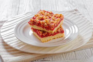 Raspberry Crumble Bars on white plate, top view
