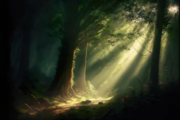 Muurstickers sun shining through the forest © Shiponreza