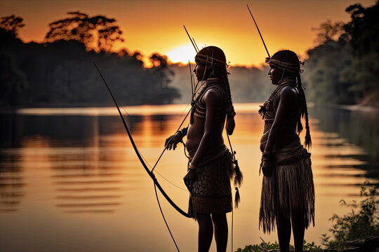 Generative AI illustration of a couple of indigenous women from the Amazon next to a river with fishing utensils at sunset