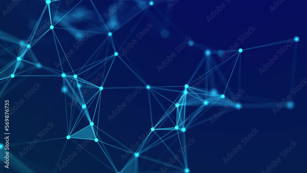 Poster Connecting colored lines and dots in space. Abstract digital background. Data network connections.3d rendering. Seamless loop.