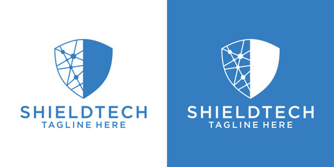 logo design shield and connection network technology icon vector illustration
