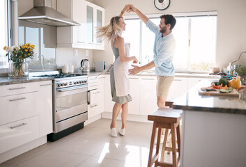 Couple, bonding or dancing in kitchen, house or family home in support, love or trust in fun activity, energy freedom or celebration. Smile, happy or dancer man and woman in romance marriage ballroom - obrazy, fototapety, plakaty