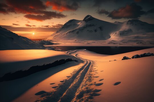 skking tracks in the winter landscape made with generated ai