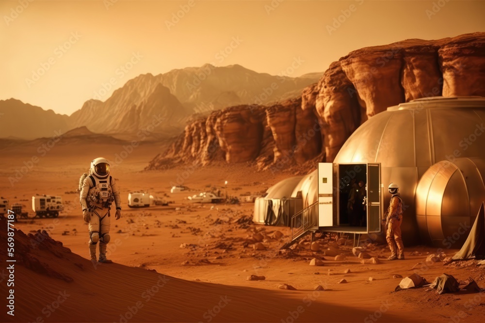 Sticker astronaut ouside lab at planet mars made with generated ai