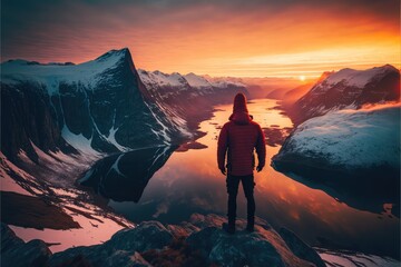 Fototapeta premium Person at the top of the moutain made with generated ai