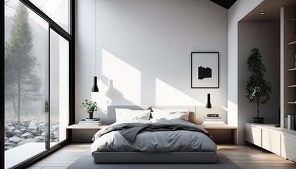 Minimalist bedroom with a neutral color palette and a focus on natural light. The atmosphere is calm and serene, with a sense of simplicity and comfort. generative ai