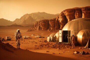 Astronaut ouside lab at planet mars made with generated ai