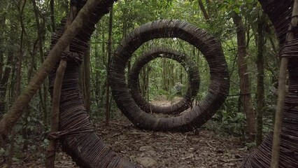 Getting inside rounded frames on a dense jungle. Experiencing the nature while walking on a green forest.
