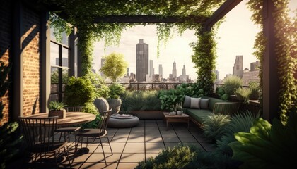 Obraz premium Urban rooftop garden with lush greenery, seating areas, and city views. generative ai