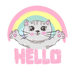 Cute cartoon cat and rainbow. Pretty kitty with hello lettering. Modern flat poster for prints, kids cards, cover, t-shirts and other. Greeting card. Vector illustration.
