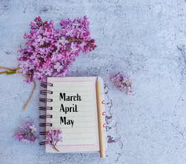 March, April ,May Months  Written on  notebook with lilac flowers .Spring concept 