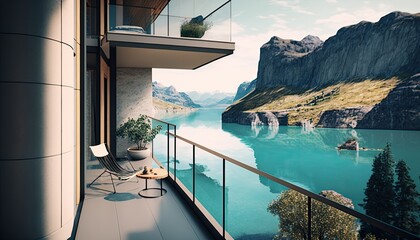 A breathtaking balcony of a modern building, with a stunning view of the lake and mountains. The contemporary architecture is luxurious and stylish. generative ai