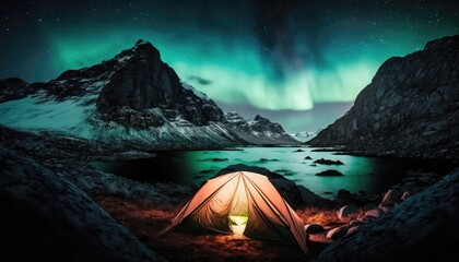 Tent by the fjords under the aurora borealis made with generated ai