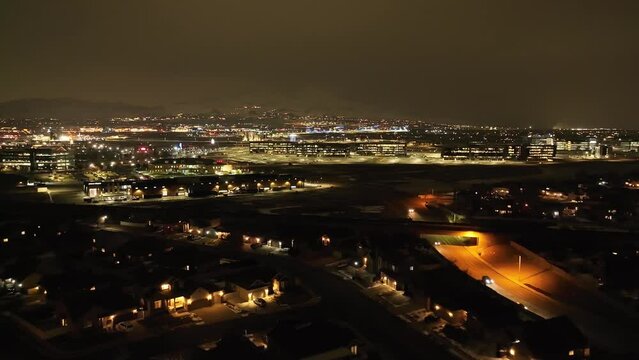 Silicon Slopes in Lehi, Utah at night - push forward aerial