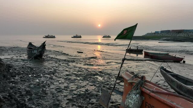 sunset on the sea and flag smooth video footage, patenga, chittagong, bangladesh