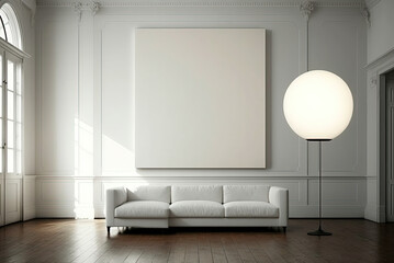 Huge white framed blank art canvas on large wall in minimal room. Generative AI.