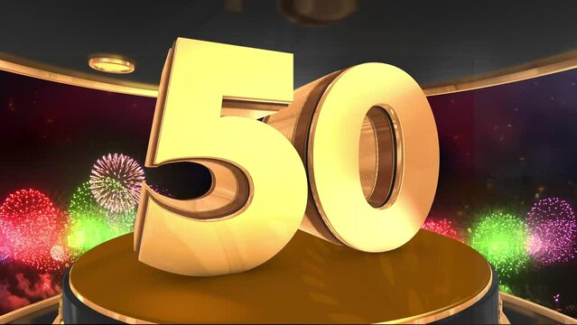 50th anniversary animation in gold with fireworks background, 
Animated 50 years anniversary Wishes in 4K
